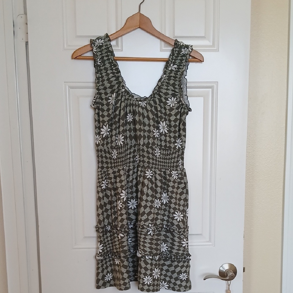 No Boundaries Olive Green Floral Check Sun Dress